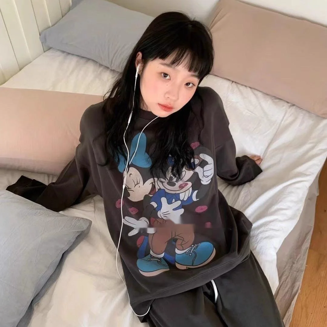 

Disney Mickey Minnie Thickened Warm Winter Pajamas Women's Casual Sweet Long Sleeve Pants Home Suit Set Korean Version Trend Set