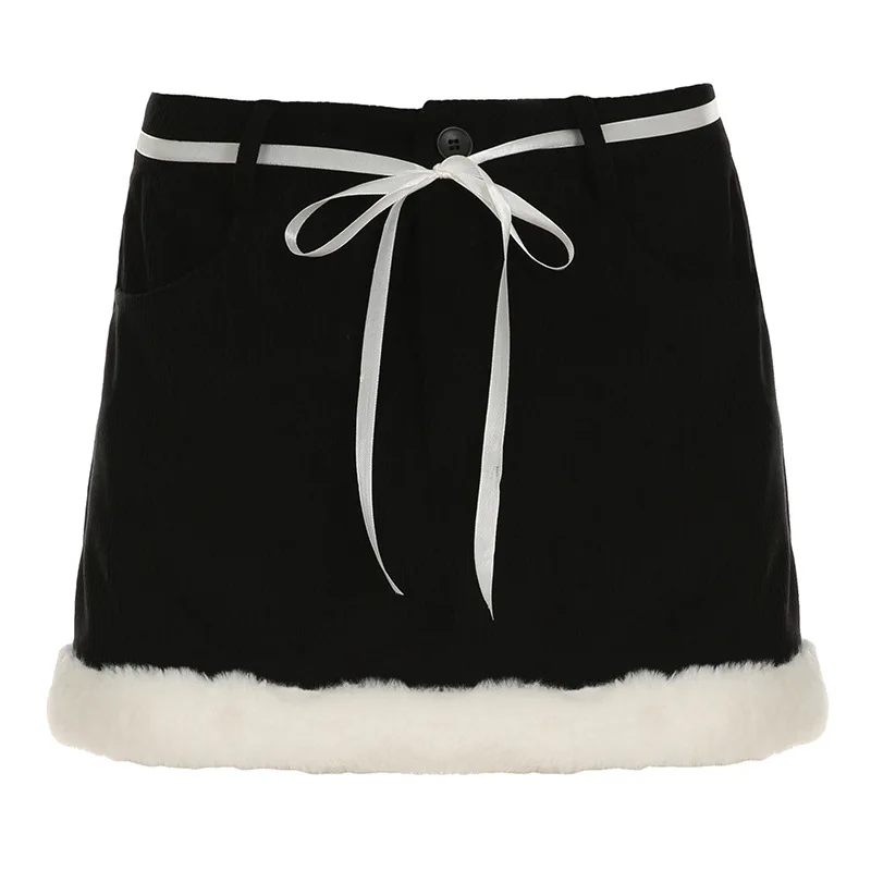

Winter Fur Splicing Hip Skirt Lace-up Casual Hot Girl Pocket Cargo Skirt Corduroy Short Skirt Woman