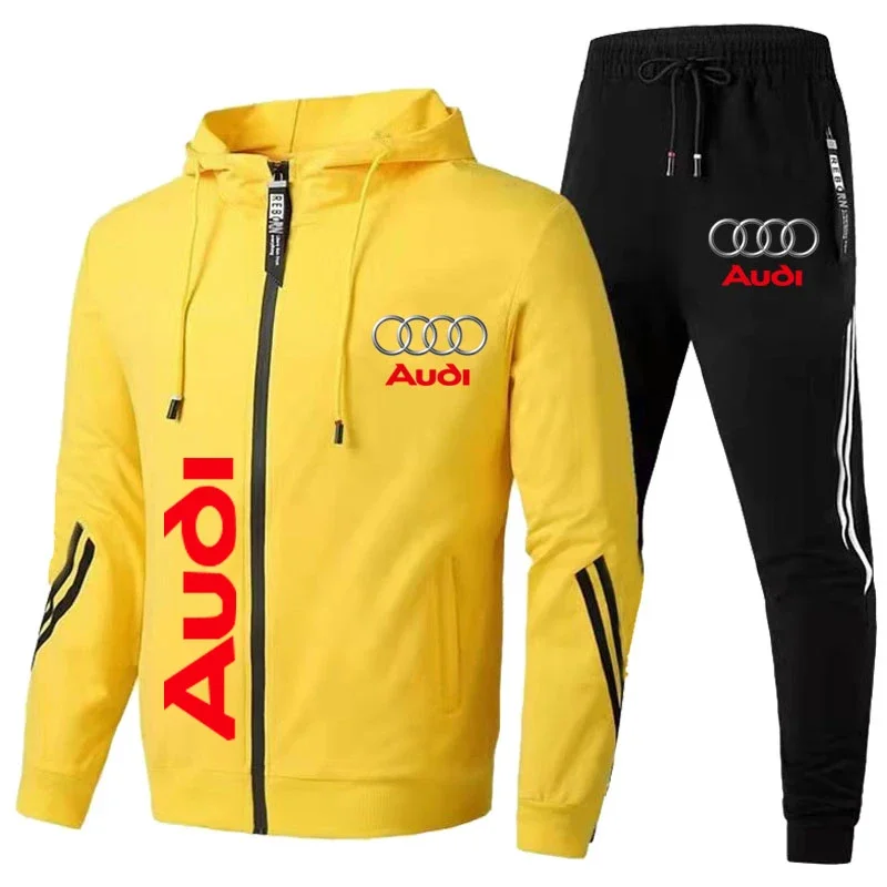 Audi Men\'s Tracksuit Car Brand Printed Sportswear Zip Pullover+Pants 2 Piece Set Casual Fitness Running Sets Suit Men\'s Clothing