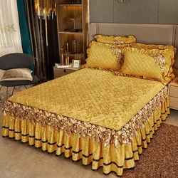 Plush Winter Warm Bedspread on The Bed Thickened Bed Skirt-style Embroidery Cotton Quilt Bedding Cover Pillowcases
