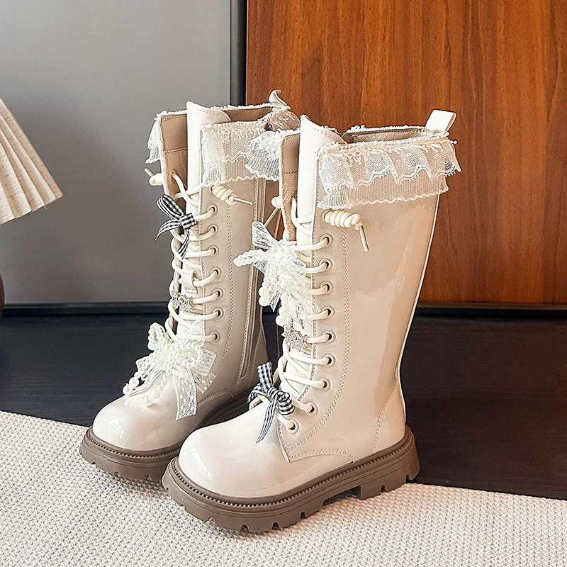 

Girls Leather Boots with Sweet Lace Kids Mid-calf Boots Suede Warm 2025 Autumn Winter Children Princess Boots Versatile Elegant