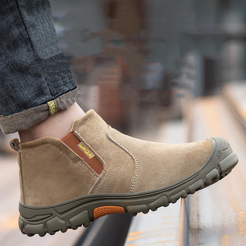 

large size men casual steel toe caps work boots cow suede leather welding shoes worker safety ankle botas protective footwear