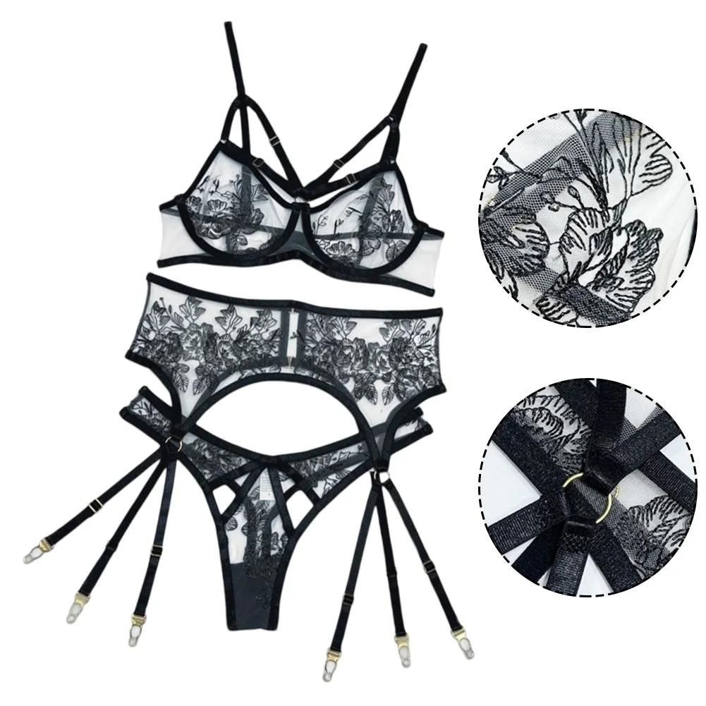 

See-through Bra Set For Women Sexy Lingerie Ultra-Thin Flroal Black Sheer Bra Girl Transparent Underwear Set Female Underwear