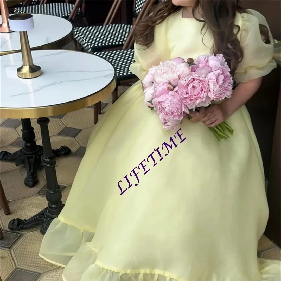 맞춤형 심플 여름 웨딩 파티 플라워 걸 드레스 리본 퍼프 소매 A라인 롱 드레스 공주님 첫 영성체 드레스 맞춤 제작