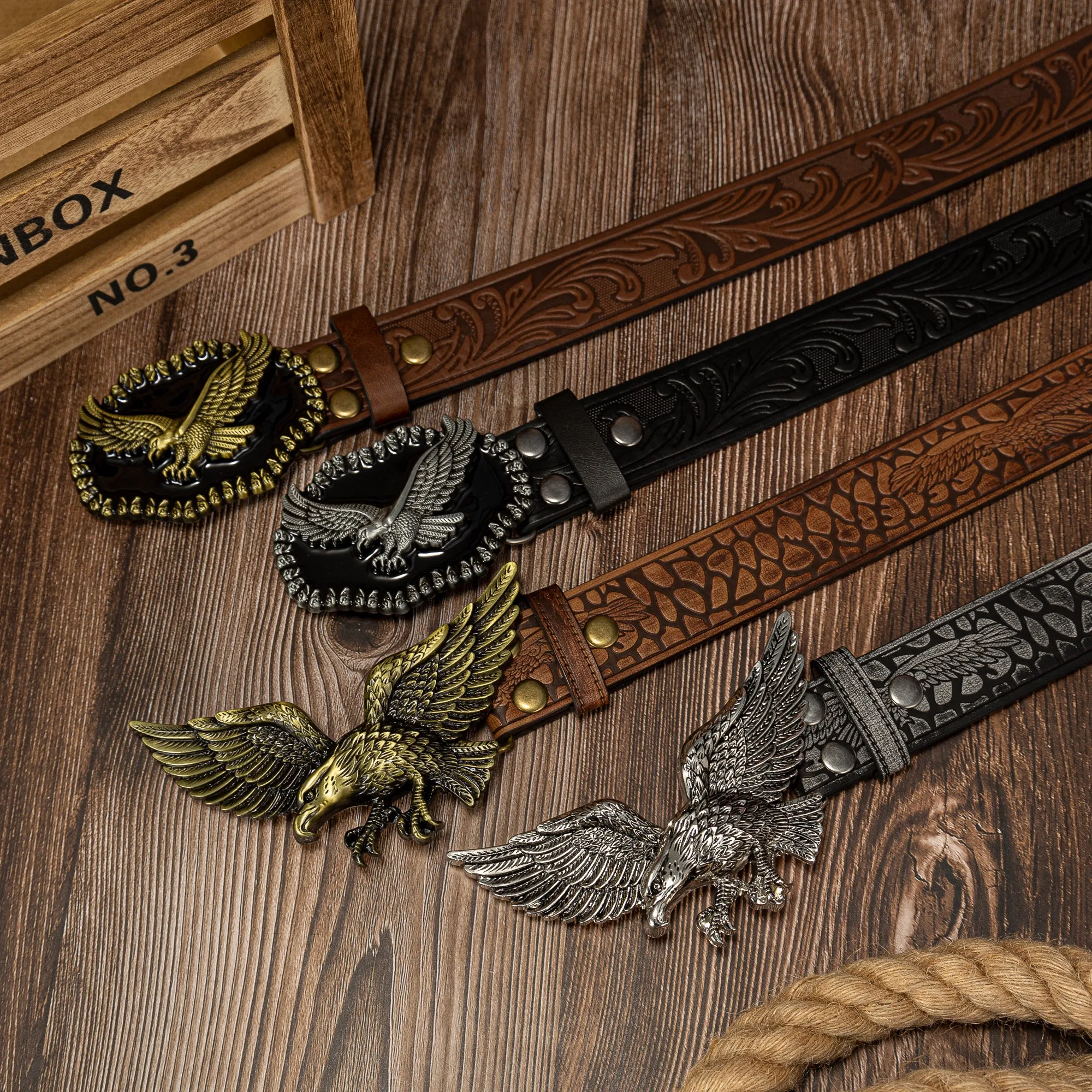 Old Eagle Black Eagle Personality Big Plate Buckle Trend Everything Eagle Tail Pattern PU Embossage To Do Old Button Belt