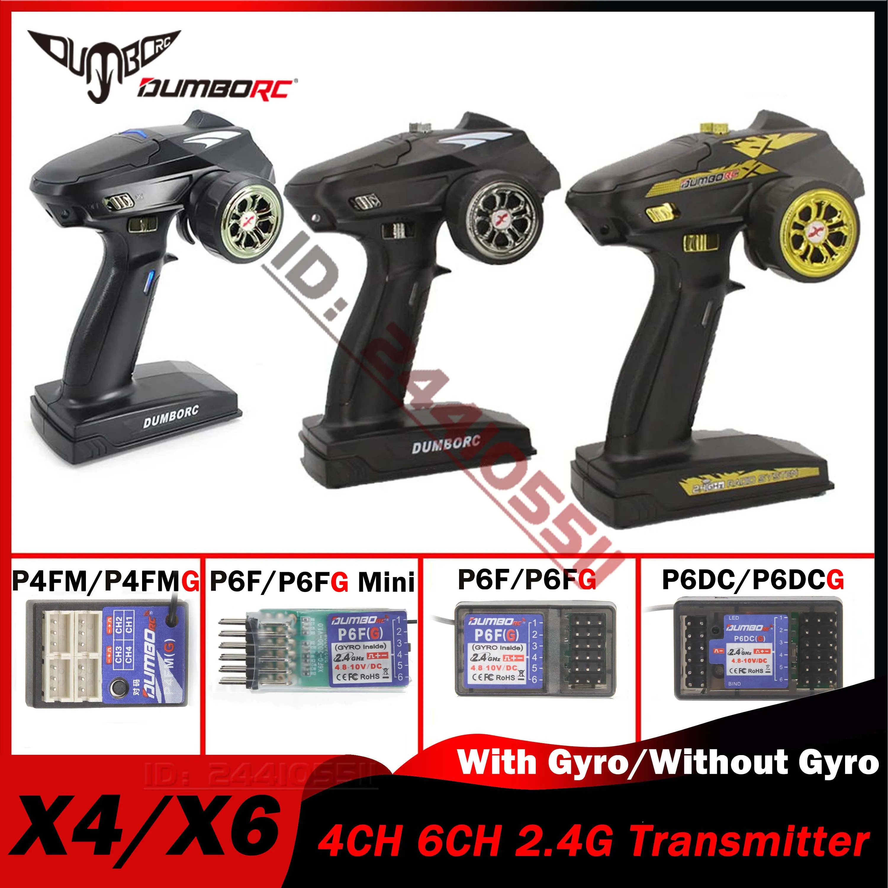 

DUMBORC 4CH 6CH Transmitter X4 X6 2.4G Gyro Mini PWM Receiver P4FMG P6FG P6DCG for 1/10 1/8 RC Car Crawler Axial SCX10 D90 Boat