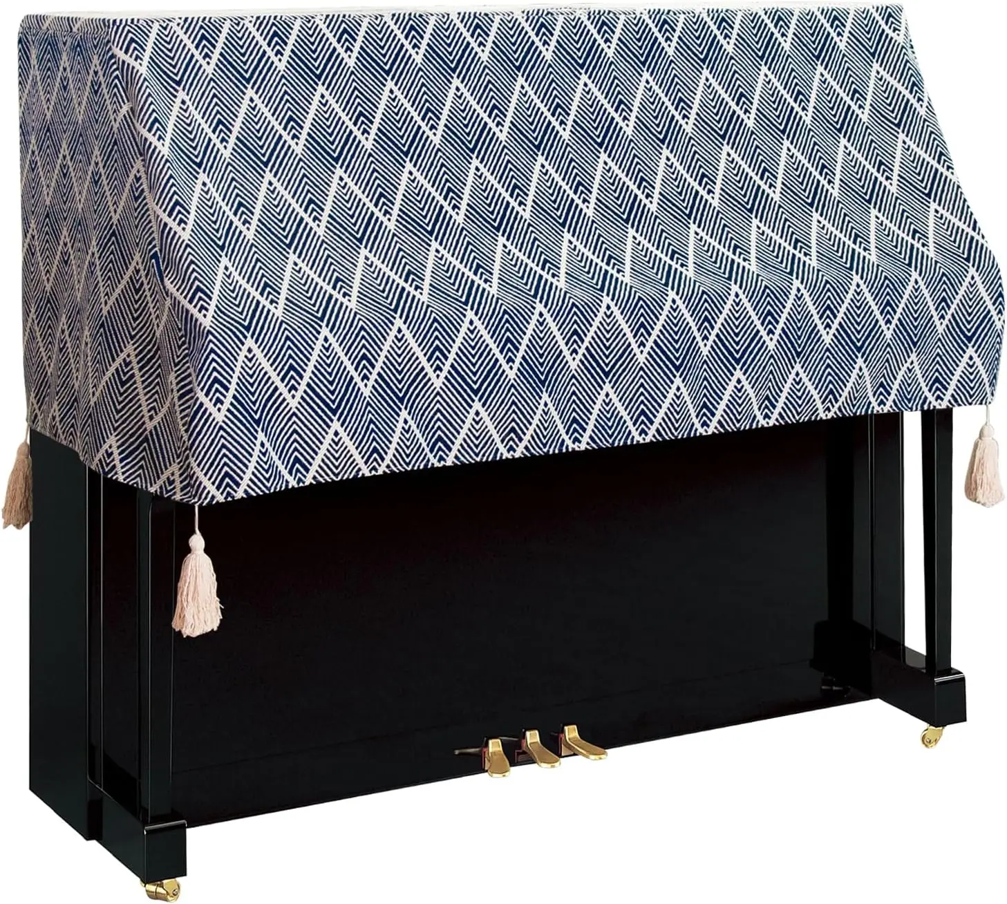 

Upright Piano Dust Cover, 118-126cm, Navy Geometric Pattern, Waterproof Half Cover with Tassels
