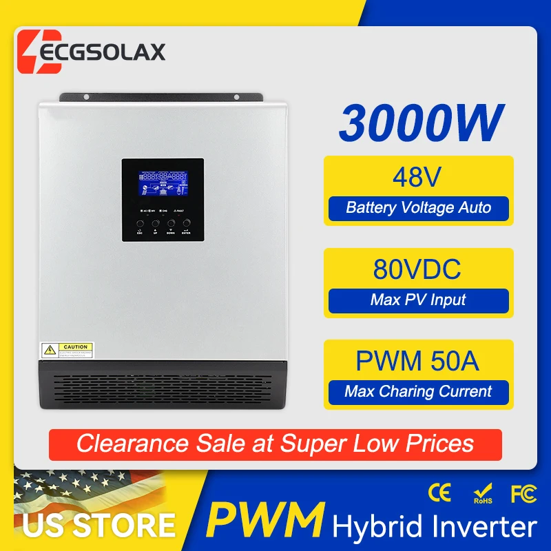 ECGSOLAX 3000VA/2400W Hybrid Solar Inverter 24V 110V With PWM 50A Charging Controller Off-grid Hybrid Inverter 120V Max PV 80VDC