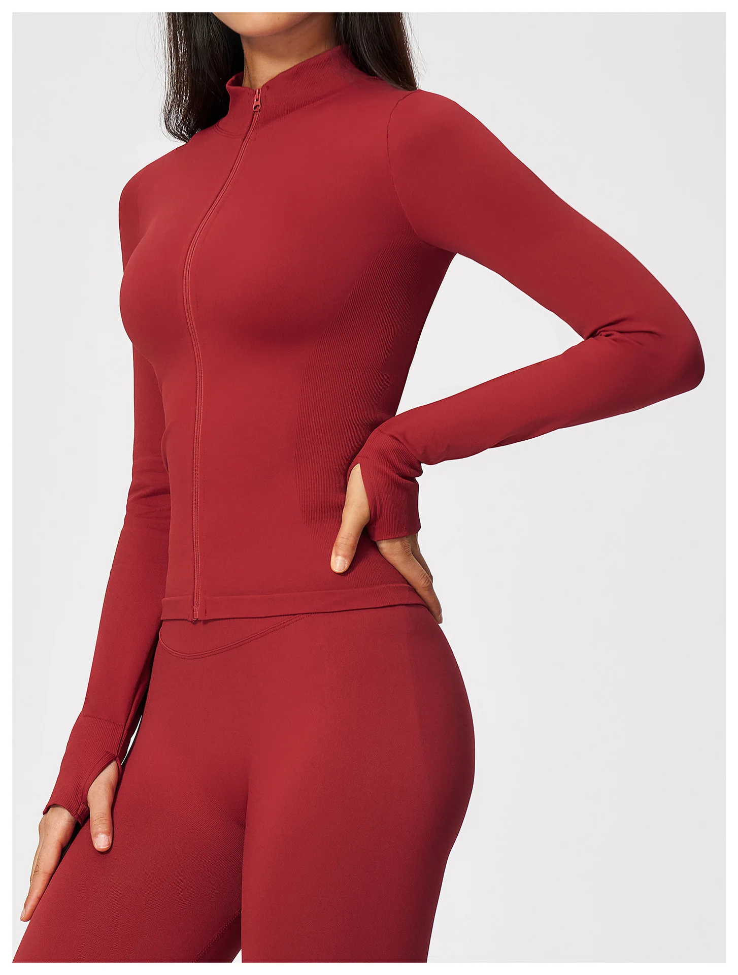 Women's Seamless Long Sleeve Yoga Top Ribbed High Neck Full Zip Slim Fit Sports Jacket Thumb Hole Workout Gym Running Activewear