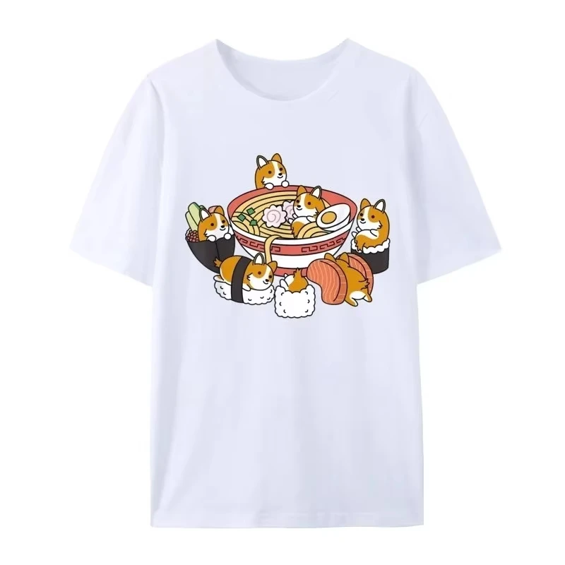 Ramen Sushi Corgi Dog Graphic Tee Unisex Novelty Japanese Y2K Grunge Streetwear Casual Summer Short Sleeve T-Shirt
