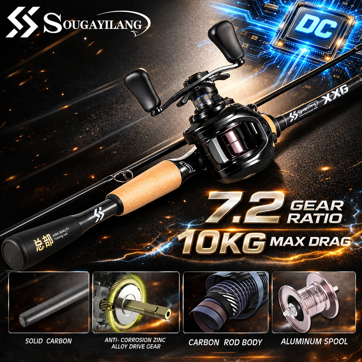 Fishing Rod Combo - Sougayilang DC Fren Sistemli Baitcasting Makarası