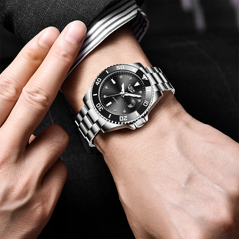 Relojes LIGE para hombre, reloj luminoso de lujo con fecha para hombre, relojes de pulsera de cuarzo de acero inoxidable con cronógrafo resistente al agua para negocios informales