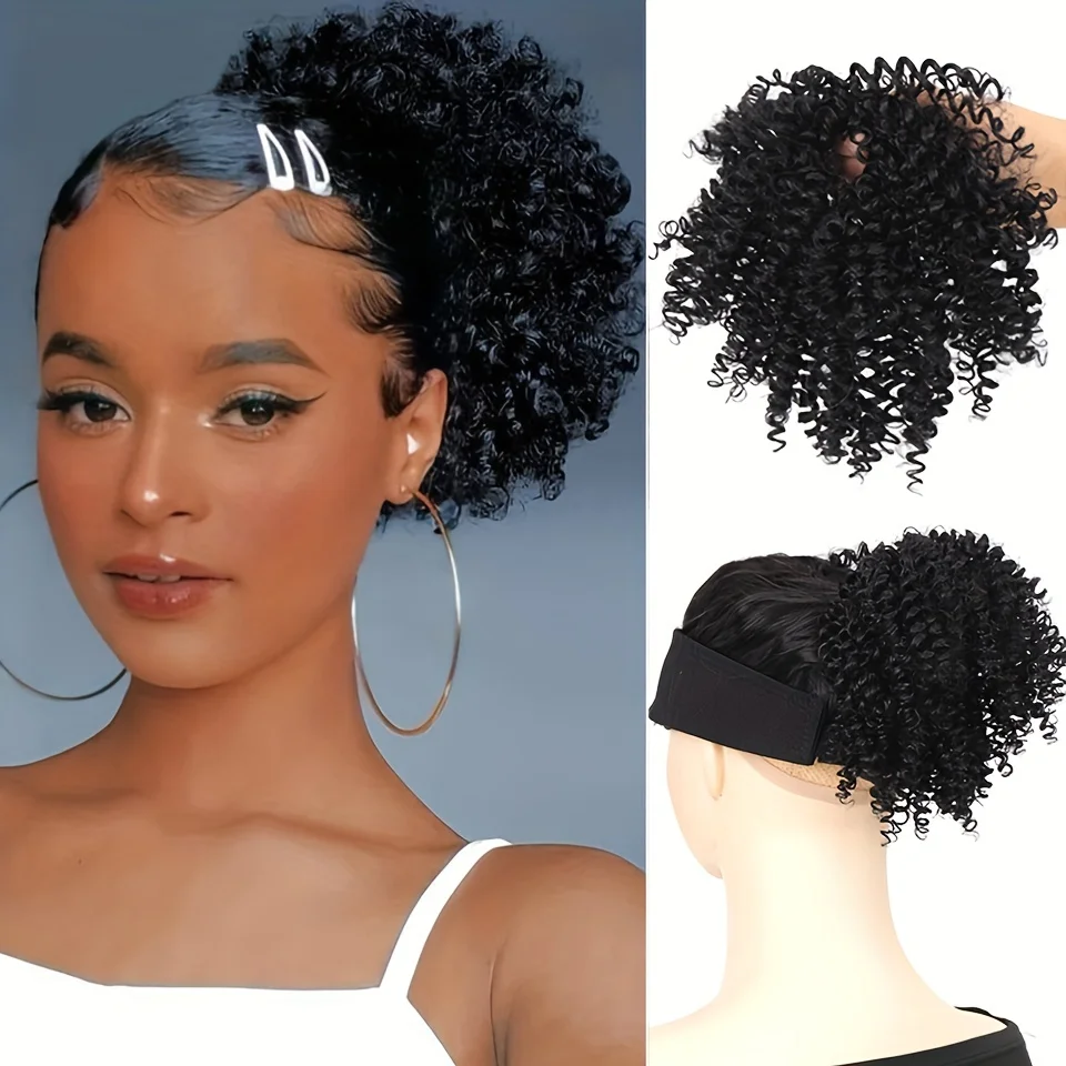 Short Afro Curly Messy Hair Bun Extension Elastic Band Synthetic Kinky Curly Updo Hair Ring Chignon Hairpiece Women