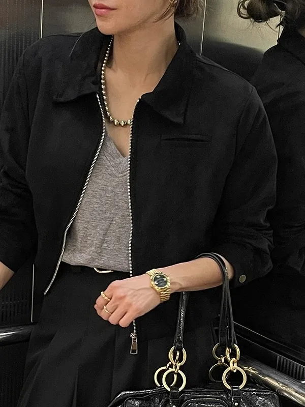 

Retro ort Suede Jaet Women's Bla Zipper Faionable Versatile Autumn Winter Outerwear American Sle Loose Fit Pure Color