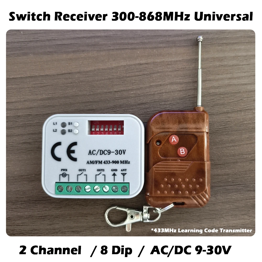 8 Dip 300-868MHz 433MHz Garage Door Receiver Universal Remote Control Switch Opener 2CH AC/DC 9-30V For Gate Control Command