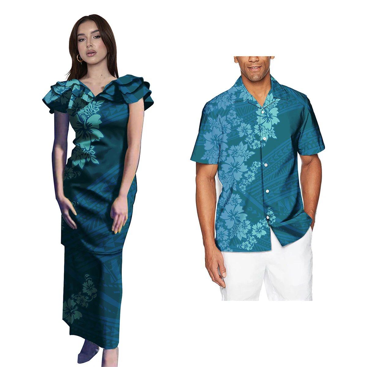 Low MOQ Drop Shipping Polynesian Samoan Tribal Design Custom 2Pcs Set Couple Outfits Women Dresses Men Short Sleeve Shirt