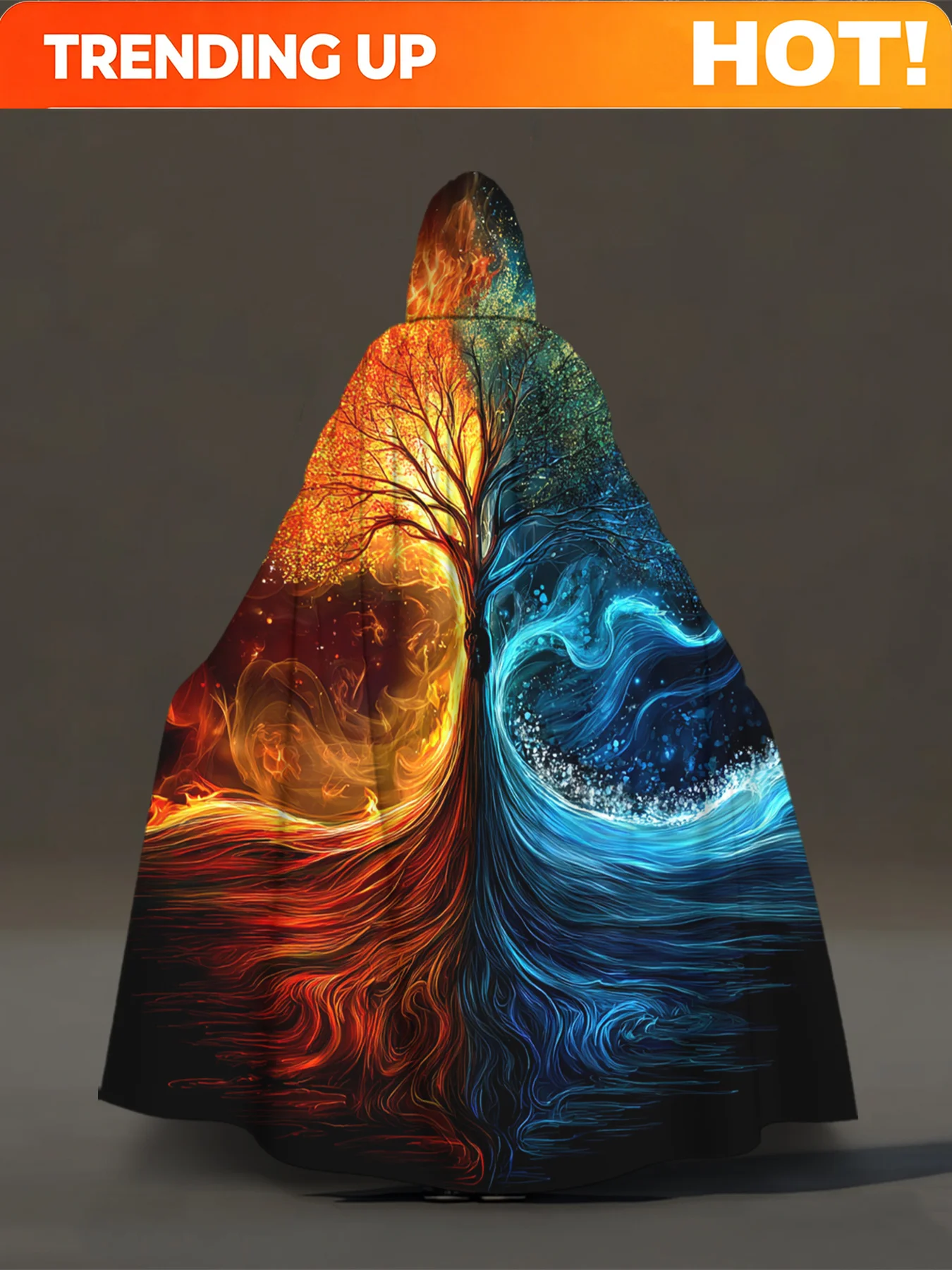 Customization 1pc 1pcs Retro Full-Body Fire & Water Tree Hooded Robe - Suitable For Cosplay Costume Cloak, Themed Parties, Machi