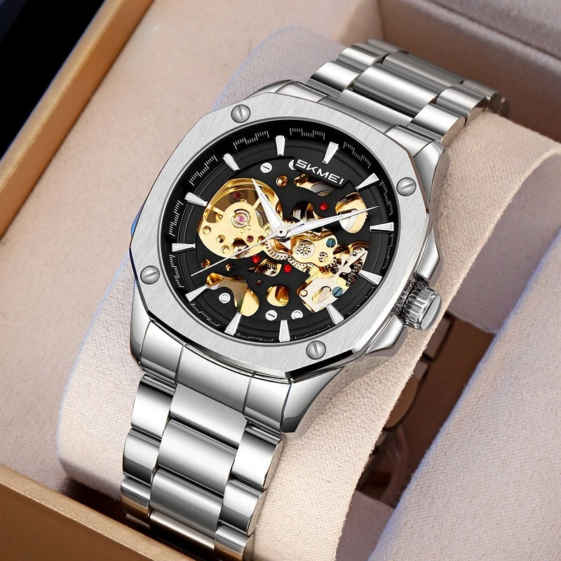 

Men's Skeleton Mechanical Watch, Transparent Case Back, Solid Stainless Steel Band, Automatic Movement Display