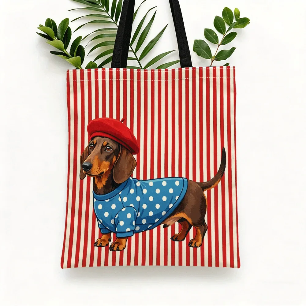 Shopping Bags Canvas Printing Red-Clad Spotted Dog with Hat Red And White Striped Digital Print Fashion Tote Bag Women'S Beach