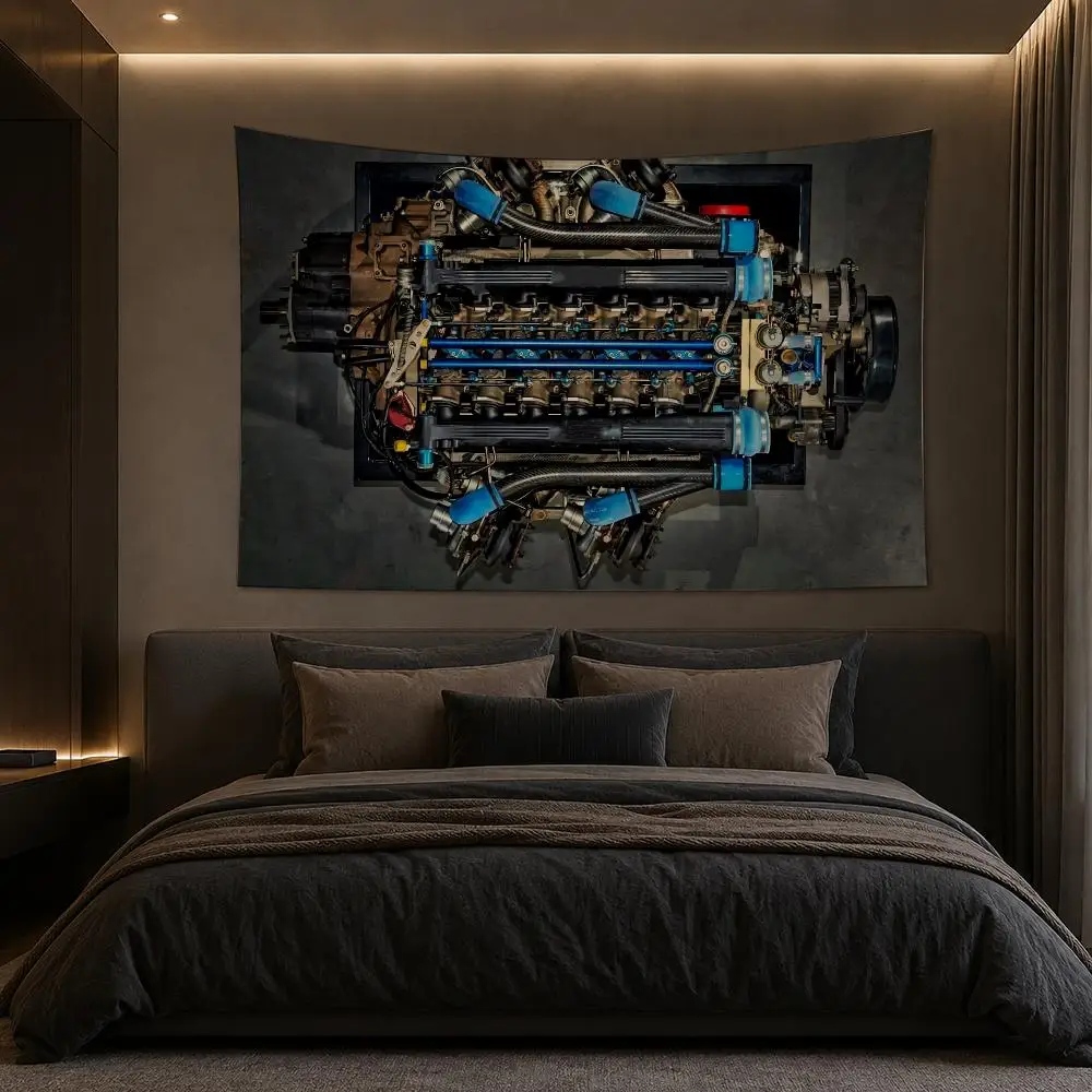 Racing Car V16 Engine Muscle Tapestry Bedroom Living Room Bar Party House Home Dorm Interior Wall Decor Background Banner