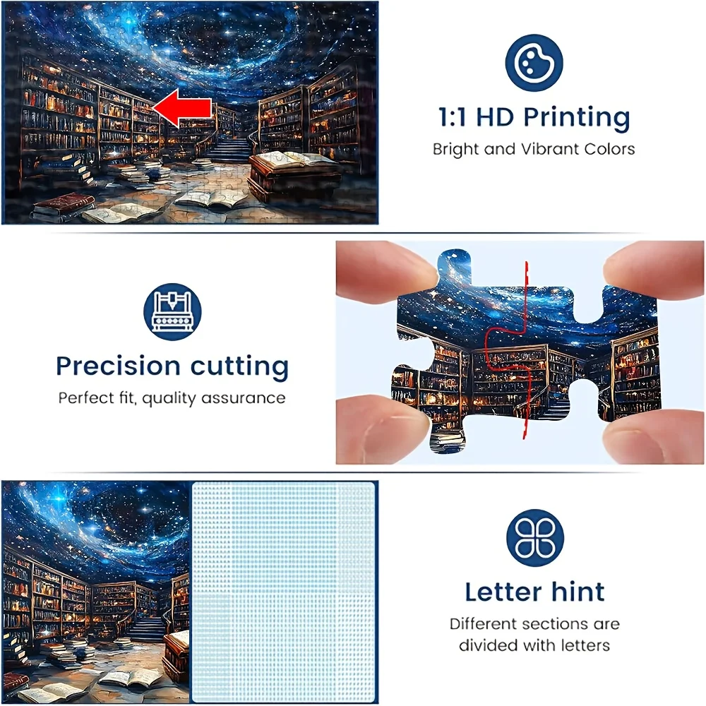 1000ピース 大人向けジグソーパズル - 星月夜の図書館（本棚と開いた本付き）、大人向けの難しい大型パズル