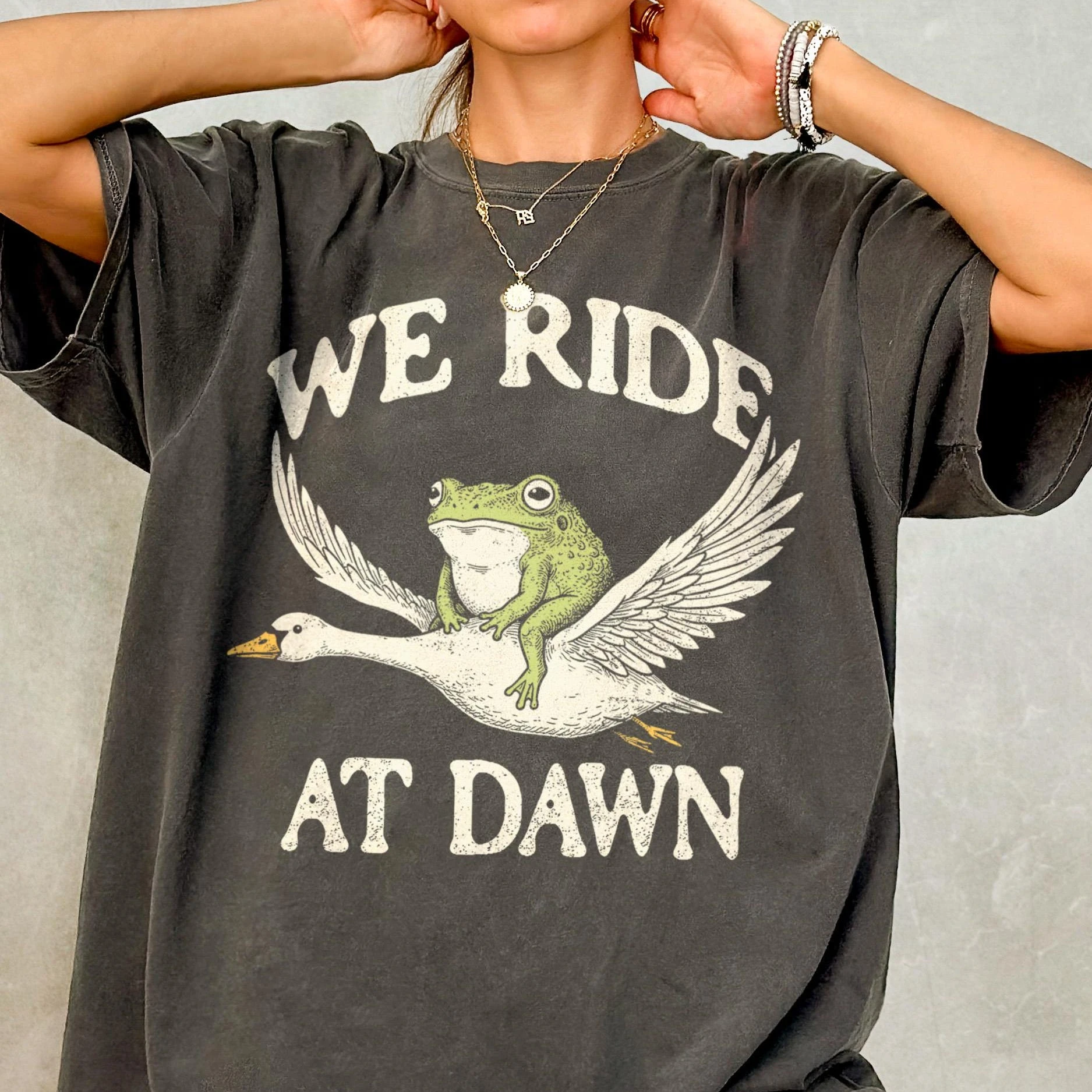 Our Dawn Cycling T-shirt Fun Frog T-shirt, Silly Goose Pattern T-shirt, Frog Enthusiast Gift, Cute Frog Emoji T-shirt