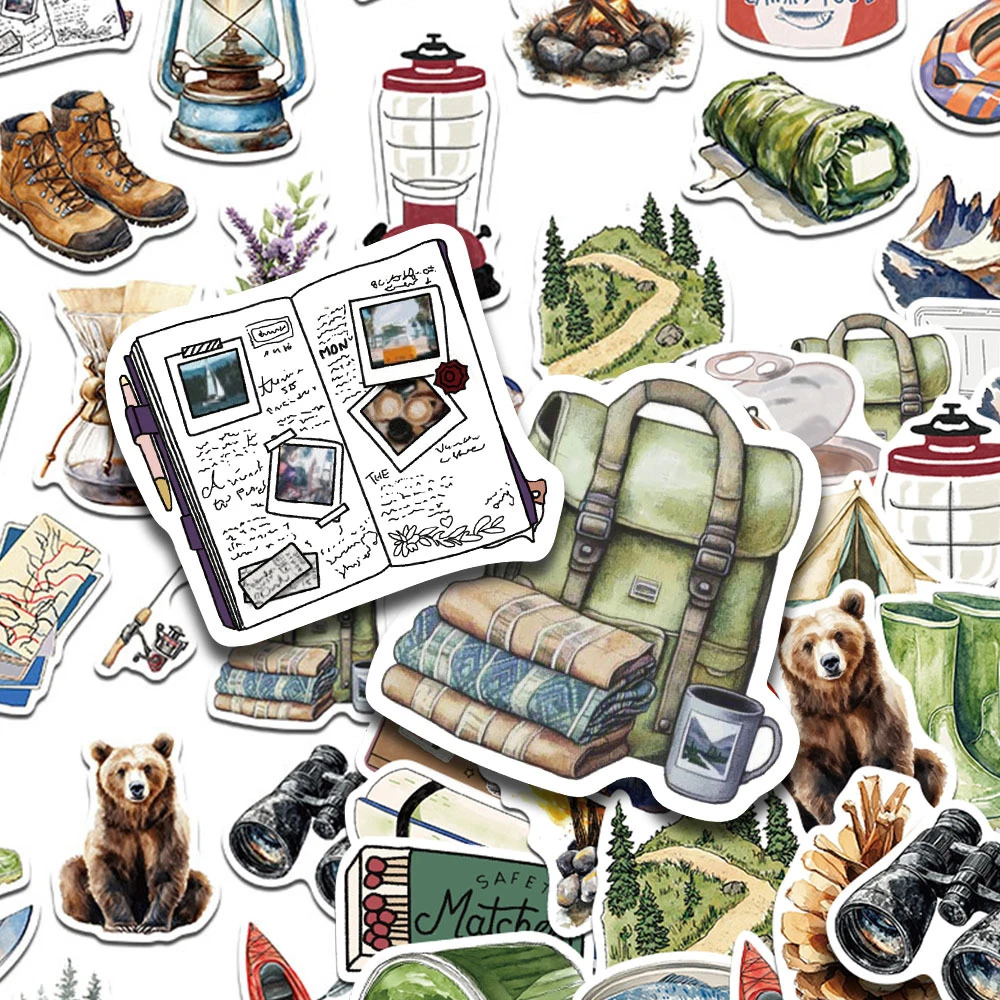 

10/30/50/100pcs Retro Watercolor Outdoor Camping Stickers Cartoon Decals for Scrapbook Laptop DIY Aesthetic Graffiti Sticker Toy