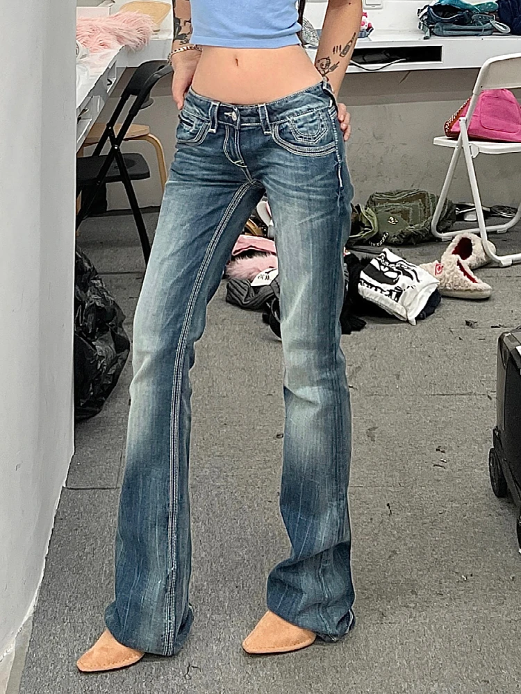 Celana Jeans Wanita Model Retro Amerika Ukuran Besar, Pinggang Rendah, Model Bell Bottom, Musim Semi Gugur, Lurus, Longgar, Meniruskan, Elastis, Panjang Menyentuh Lantai