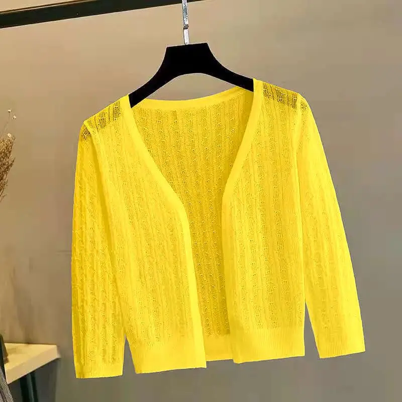 2024 Summer Shawl Ultra Thin Cardigan Short Knitted Shirt Hollow Ice Silk Women's Sunscreen Clothing