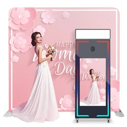 Portable Selfie Magic Mirror Photo Booth Machine 65in Mirror with 43in Touch Screen and 2 Side Printing backdrop for Party Event