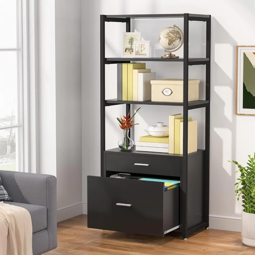 Tribesigns Bookcase Bookshelf, 4-Tier Modern File Cabinet with 2 Drawers, Lateral Filing Cabinet accommodate Legal/Letter / A4