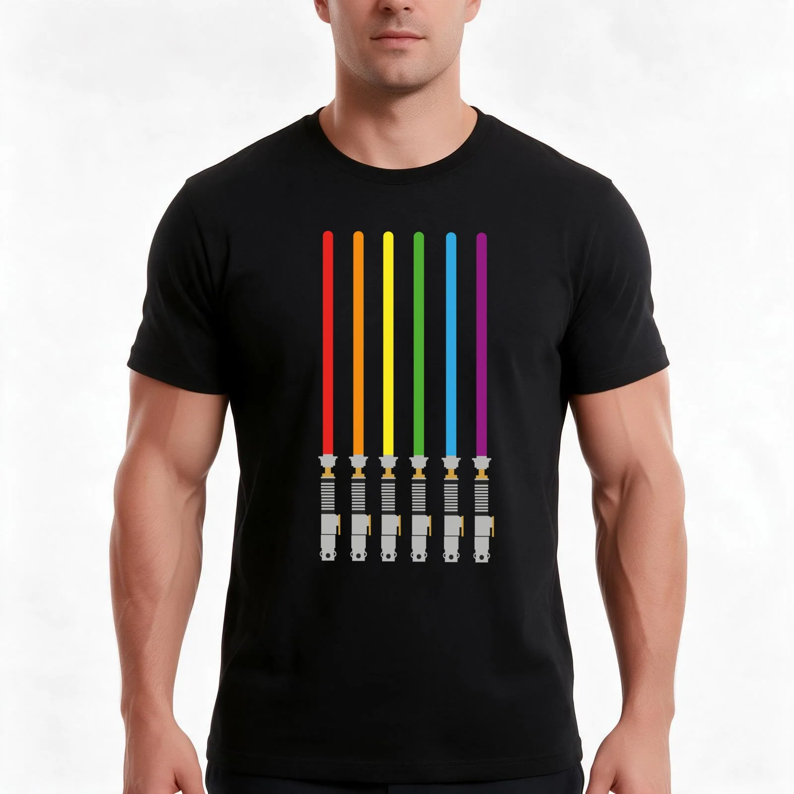 Lightsaber Proud LGBT Rainbow T-Shirt, Summer Casual Cotton Tee, Oversized Streetwear Tops, Vintage Graphic Print, 100% Cotton