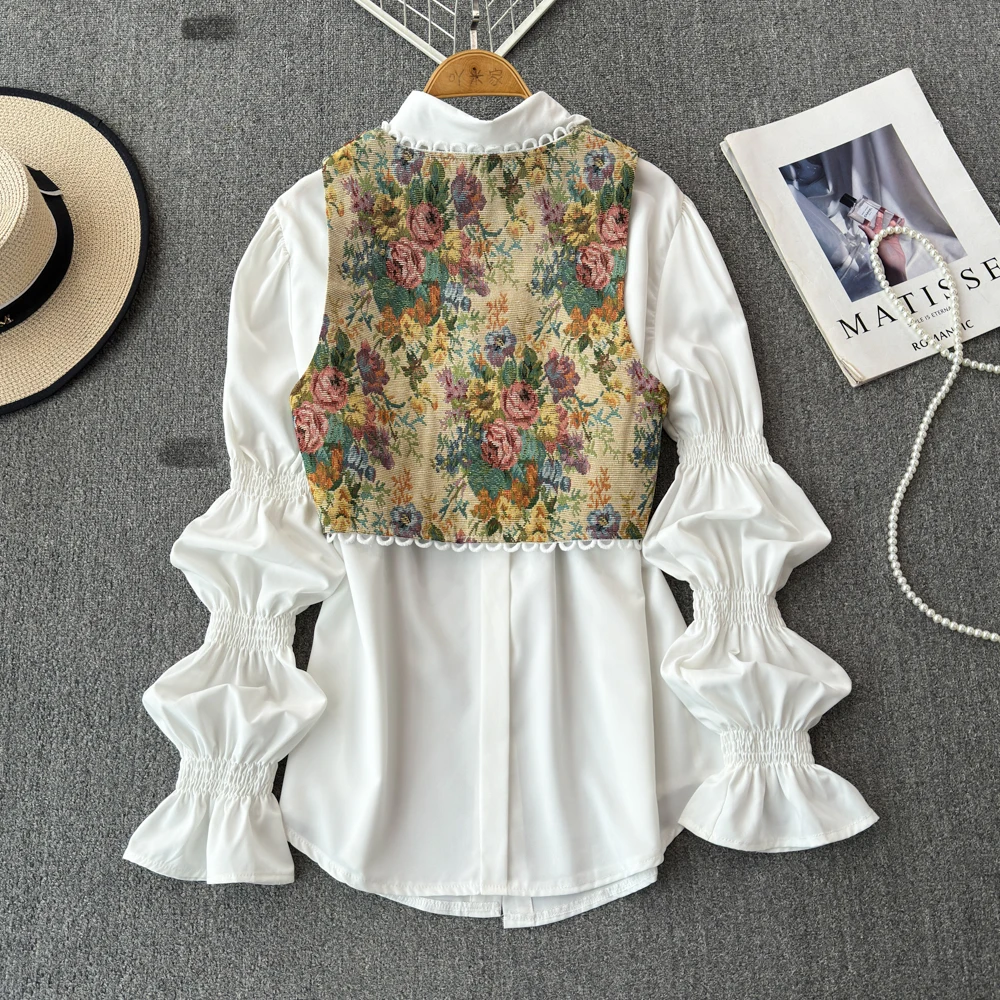 2024 Spring/Summer New Two Piece Shirt VintagePattern Tie Up Vest Mid length A-line Shirt Skirt Set White Black Two Piece Suit