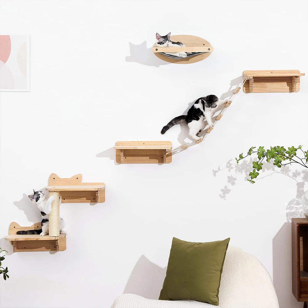 Cat Shelves and Perches for Wall Cats Hammock Wall Mounted Climbing Shelf with Sisal Scratching and Bridge Step Bed Furniture