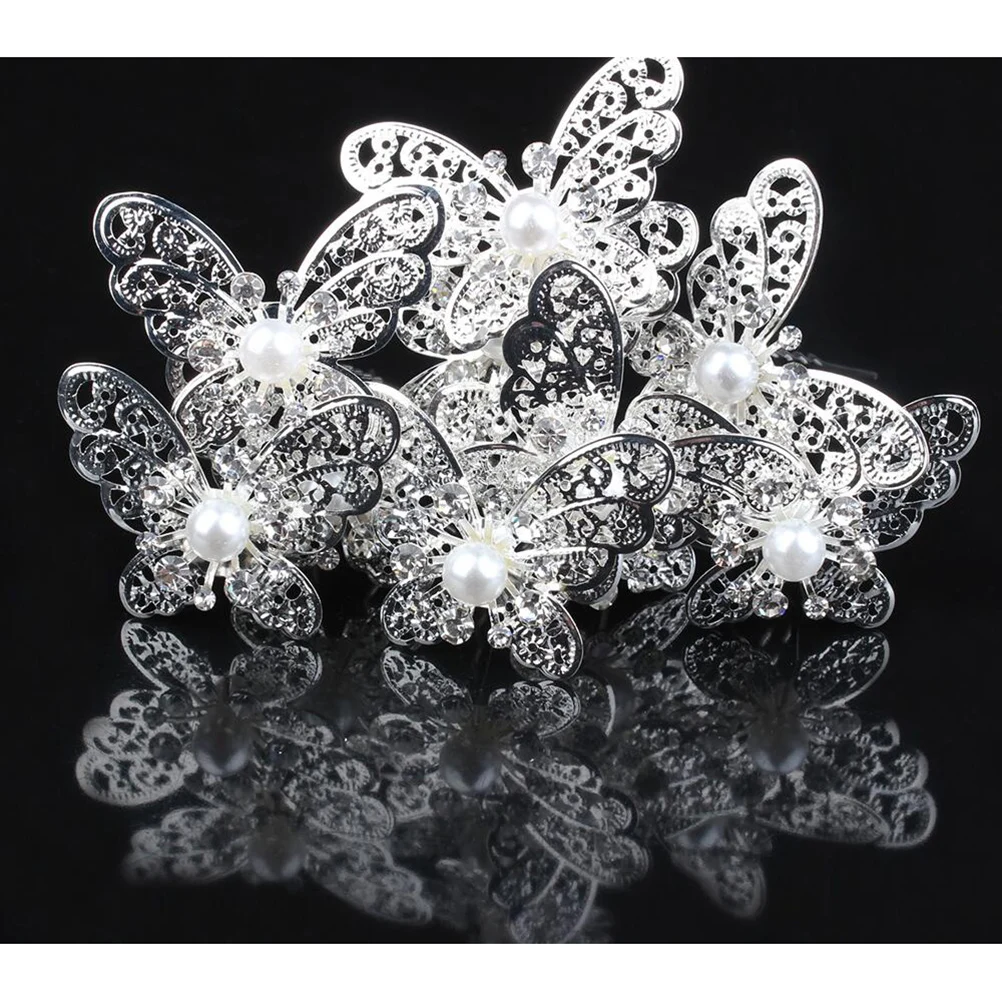 

6pcs U Shaped Hairpins Alloy Vintage Rhinestone Inlaid Bridal Hair Sticks Party Wedding Hair Chopsticks For Women Silver