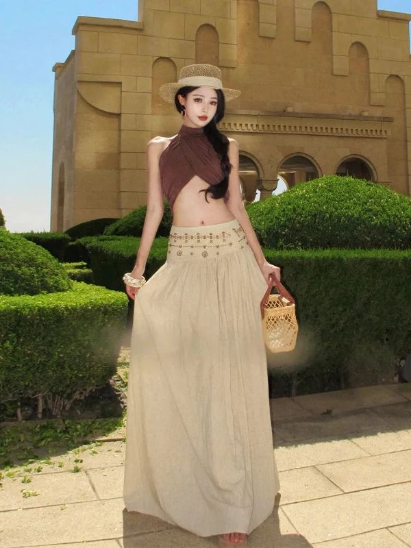 

Юбка А-силуэта с низкой талией, женская, для праздников, винтажная, тонкая, весенняя, новая модель, с высокой талией, длинная, в корейском стиле, для повседневной носки