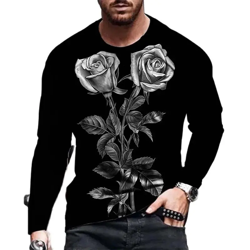 

New European Pretty Rose Picture Men long sleeved T-shirt Casual Printed Tees Hip-hop Personality Round Neck Quick-Dry Tops