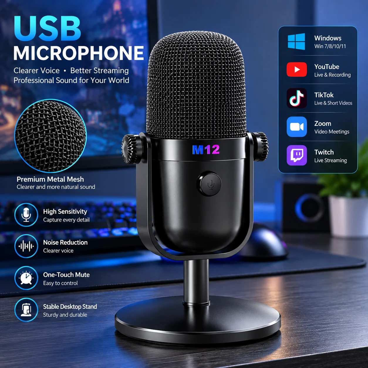  USB Condenser Microphone with Cardioid Pickup, 48kHz/16-bit Recording for PC Gaming, Streaming, Podcast and Online Meetings