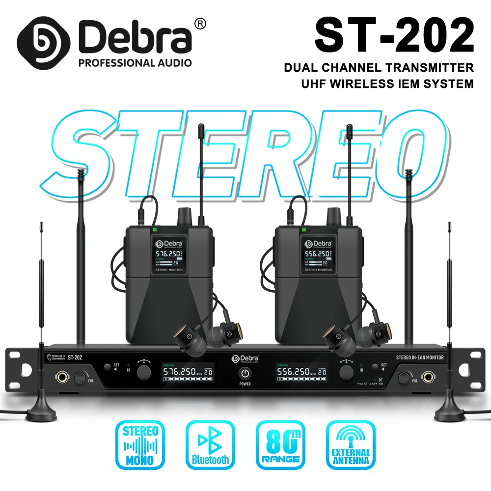 Debra ST-102 Stereo Profesjonalny bezprzewodowy system monitorowania dousznego, dwukanałowy nadajnik UHF dla kości, koncentrycznych