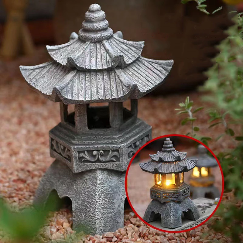 

Pagoda Statues Outdoor Solar Powered Statue Japanese Garden Decor Outdoor Zen Garden Lantern Flickering LED Garden Light