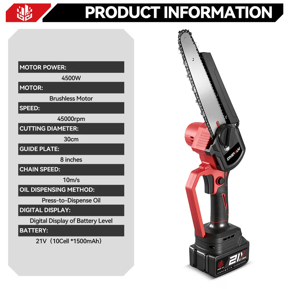 ONEVAN 4500W 8-Zoll Bürstenlose Elektrische Kettensäge Kabellose Handgeführte Baumschneide- und Schneidemaschine für Makita 18V Akku – Detail 4