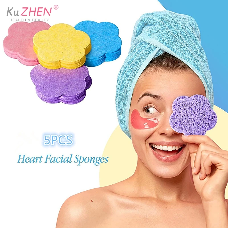 5PCS Plum Blossom Shape Face Sponge Remover Tool Natural Wood Pulp Cellulose Compress Cosmetic Puff Facial Washing Sponge Makeup