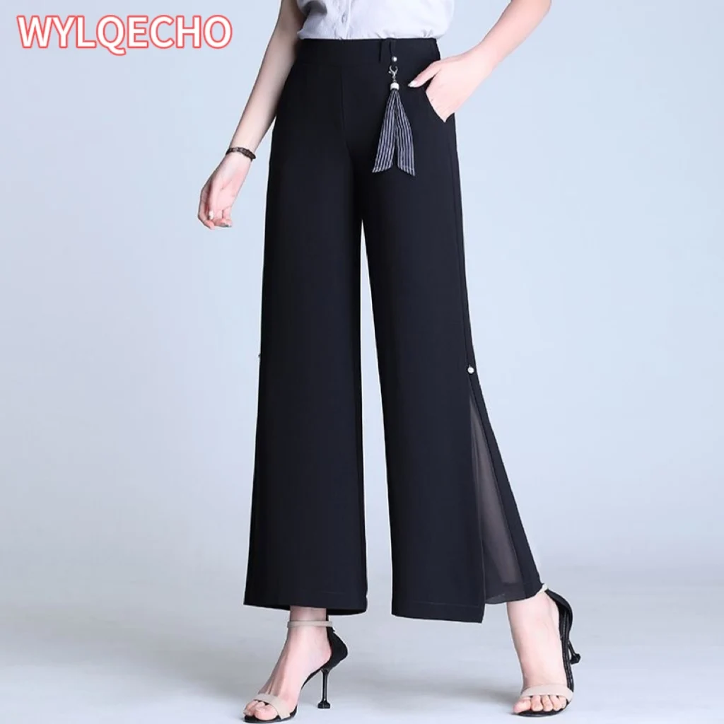 Women Summer New Chiffon High Waist Elastic Wide Leg Pants Fashion Split Crop Pants Casual Breathable Versatile Thin Suit Pants