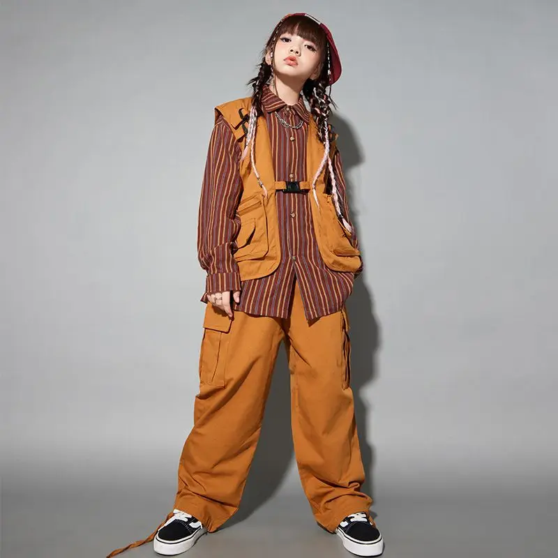 Child costume For Kids Stripe Shirt Brown Vest Hiphop Pants Suit Girls Jazz Dancing Outfits Boys Streetwear