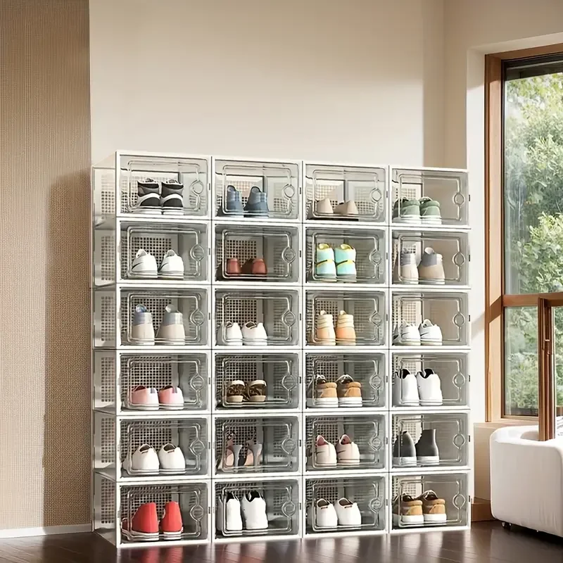 6/12 صناديق أحذية سميكة شفافة قابلة للطي مع أغطية - منظم تخزين قابل للتكديس وموفر للمساحة للمدخل وغرف النوم والمنزل،