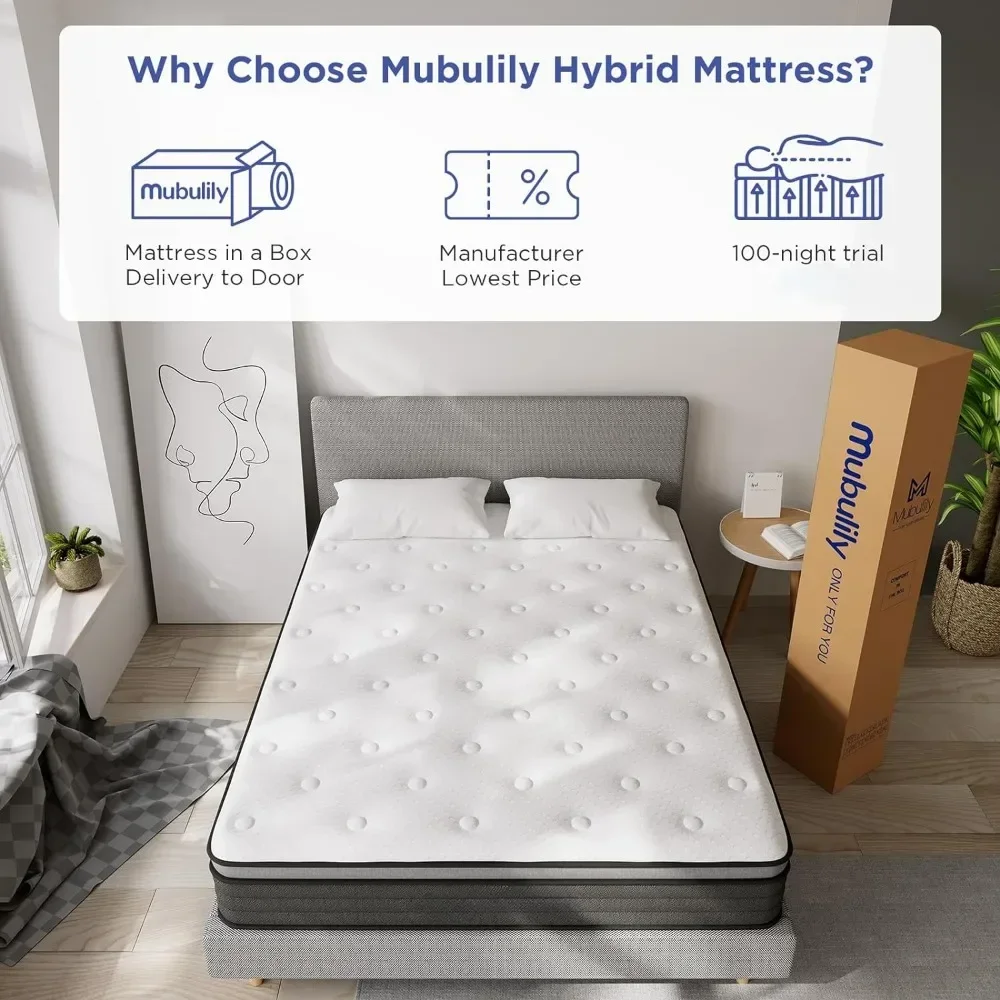 Matelas hybride avec mousse à mémoire de forme en gel, enveloppé entièrement, Végétde poche, matelas à ressort intérieur, instituts de pression, 10 po