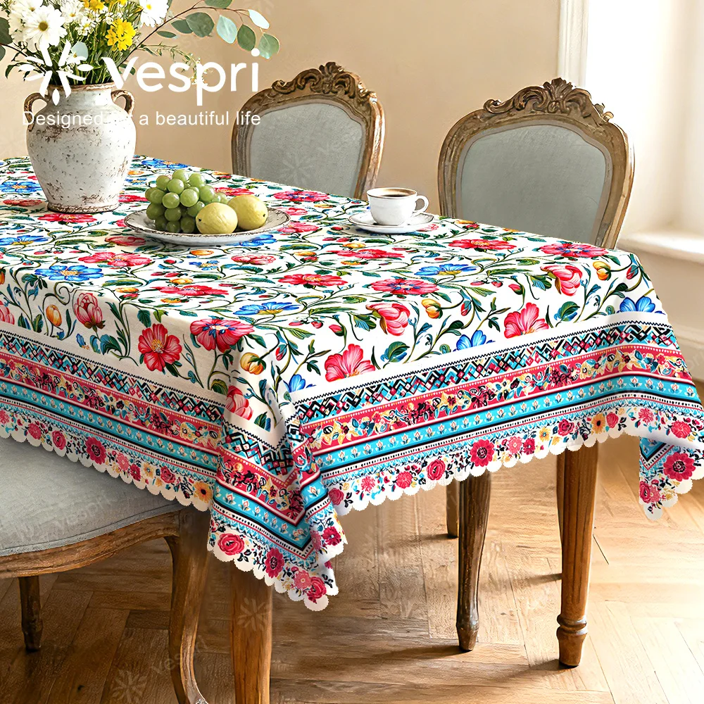 Vespri Spring, Wood-grain, Marble Tablecloth, White and Red Decorations, Floral and Geometric Patterns