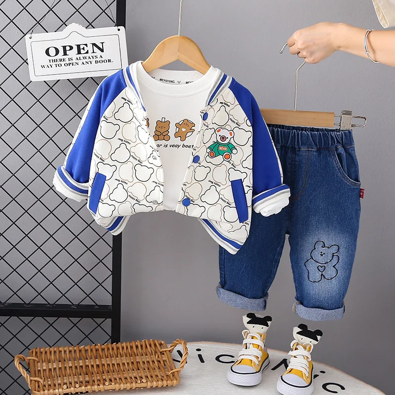 Baby Boy Valentines Day Outfit Toddler Set Spring Autumn Cartoon Patchwork Cardigan Coats White T-shirts Pants Boys Sprot Suit