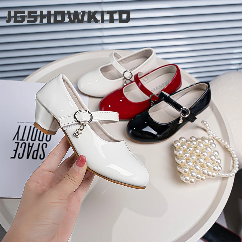New Girls Glossy Leather Shoes Soft PU with High Heels Kids Black Party Wedding Dress Shoes with Pendant School Stage Mary Janes