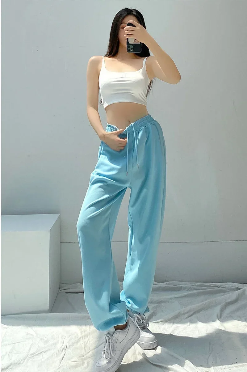 Elastic Waist Sweatpants with Pockets Trousers for Woman Drawstring Women's Pants Fitness Clothing Solid Purple Baggy Jogging G